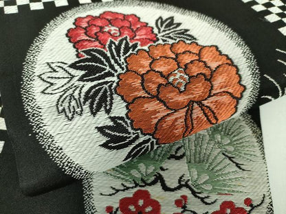 平和屋着物●アンティーク 大正ロマン 九寸名古屋帯 唐織 唐獅子に牡丹 黒地 金銀糸 正絹 逸品 DABB4660ps