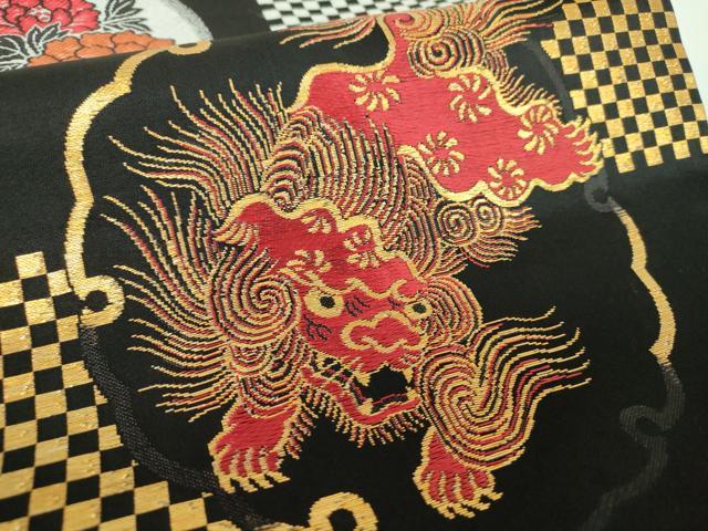 平和屋着物●アンティーク 大正ロマン 九寸名古屋帯 唐織 唐獅子に牡丹 黒地 金銀糸 正絹 逸品 DABB4660ps