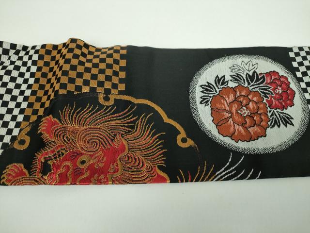 平和屋着物●アンティーク 大正ロマン 九寸名古屋帯 唐織 唐獅子に牡丹 黒地 金銀糸 正絹 逸品 DABB4660ps