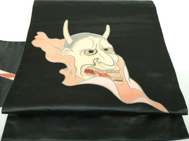 平和屋着物●アンティーク 大正ロマン 九寸名古屋帯 刺繍 手描き 般若 黒地 金彩 正絹 逸品 DABB4665ps