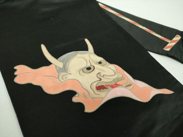 平和屋着物●アンティーク 大正ロマン 九寸名古屋帯 刺繍 手描き 般若 黒地 金彩 正絹 逸品 DABB4665ps