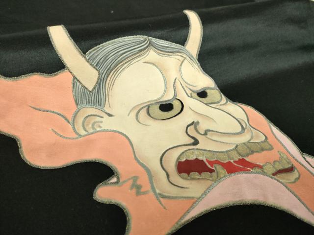 平和屋着物●アンティーク 大正ロマン 九寸名古屋帯 刺繍 手描き 般若 黒地 金彩 正絹 逸品 DABB4665ps