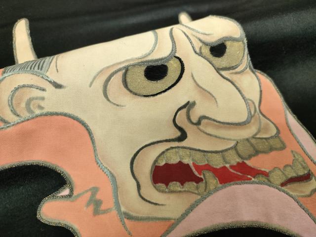 平和屋着物●アンティーク 大正ロマン 九寸名古屋帯 刺繍 手描き 般若 黒地 金彩 正絹 逸品 DABB4665ps
