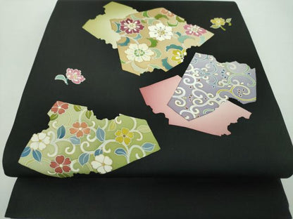 平和屋着物●塩瀬 九寸開き名古屋帯 破れ色紙花文 黒地 金彩 正絹 逸品 DABB4666ps