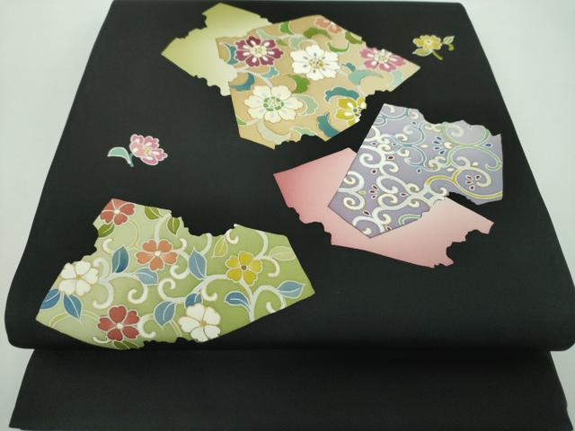 平和屋着物●塩瀬 九寸開き名古屋帯 破れ色紙花文 黒地 金彩 正絹 逸品 DABB4666ps