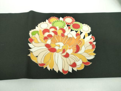 平和屋着物●塩瀬　九寸名古屋帯　乱菊　黒地　金彩　正絹　逸品　未使用　DABB4670ps
