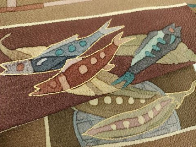 平和屋着物●全通柄九寸名古屋帯　成り物　魚　蟹　鬼しぼ縮緬　金彩　正絹　逸品　DABB4673ps