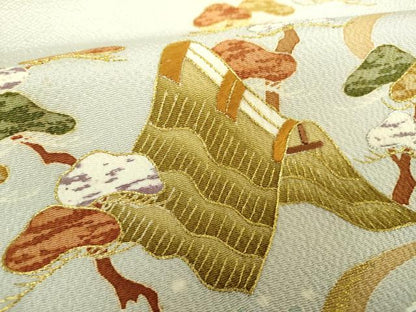平和屋着物●創業130年　江戸染繍友禅　大彦　九寸名古屋帯　刺繍　流水風景文　鬼しぼ縮緬　金銀糸　正絹　逸品　DABB4693ps