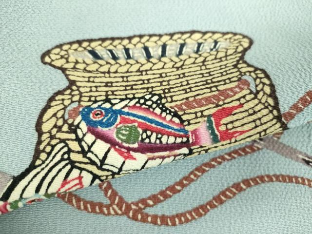 平和屋着物●極上　人間国宝　玉那覇有公　本場琉球紅型　九寸名古屋帯　魚籠　貝殻　灰青色地　正絹　逸品　DABB4694ps