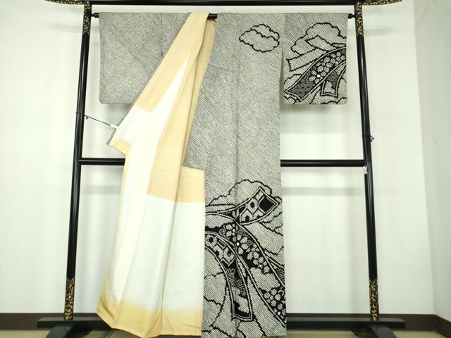 平和屋着物●訪問着　総絞り　雲取り花熨斗文　黒地　正絹　逸品　DABB4718ps