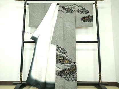 平和屋着物●訪問着　総絞り　刺繍　雲取り風景文　黒地　金彩　正絹　逸品　DABB4726ps