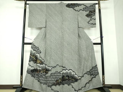 平和屋着物●訪問着　総絞り　刺繍　雲取り風景文　黒地　金彩　正絹　逸品　DABB4726ps