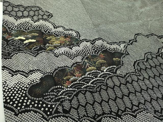 平和屋着物●訪問着　総絞り　刺繍　雲取り風景文　黒地　金彩　正絹　逸品　DABB4726ps
