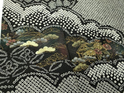 平和屋着物●訪問着　総絞り　刺繍　雲取り風景文　黒地　金彩　正絹　逸品　DABB4726ps