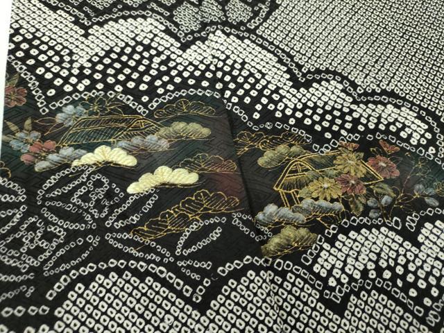 平和屋着物●訪問着　総絞り　刺繍　雲取り風景文　黒地　金彩　正絹　逸品　DABB4726ps