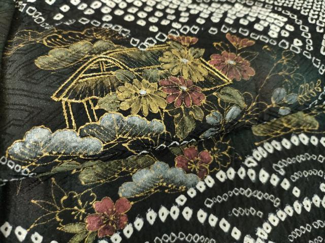 平和屋着物●訪問着　総絞り　刺繍　雲取り風景文　黒地　金彩　正絹　逸品　DABB4726ps