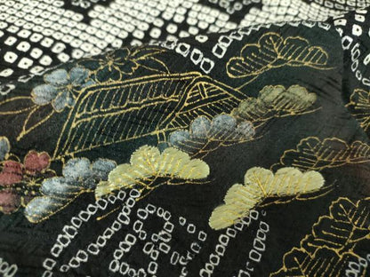 平和屋着物●訪問着　総絞り　刺繍　雲取り風景文　黒地　金彩　正絹　逸品　DABB4726ps