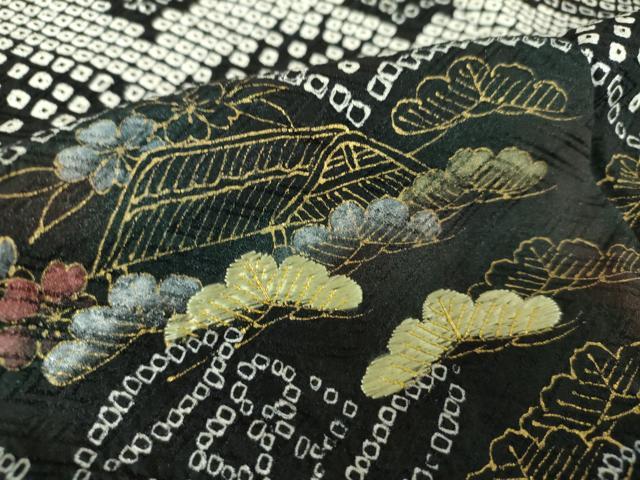 平和屋着物●訪問着　総絞り　刺繍　雲取り風景文　黒地　金彩　正絹　逸品　DABB4726ps
