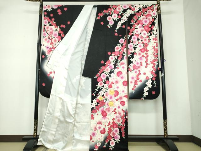 平和屋着物●豪華振袖　駒刺繍　枝垂れ桜　暈し染め　黒地　金彩　正絹　逸品　DABB4734ps