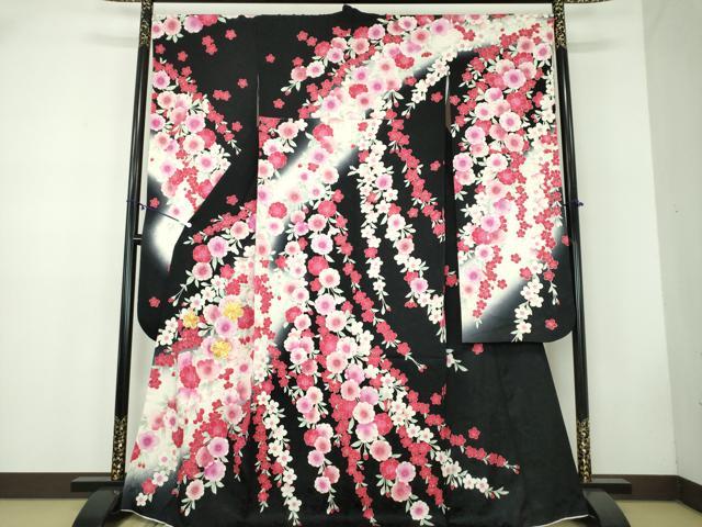 平和屋着物●豪華振袖　駒刺繍　枝垂れ桜　暈し染め　黒地　金彩　正絹　逸品　DABB4734ps