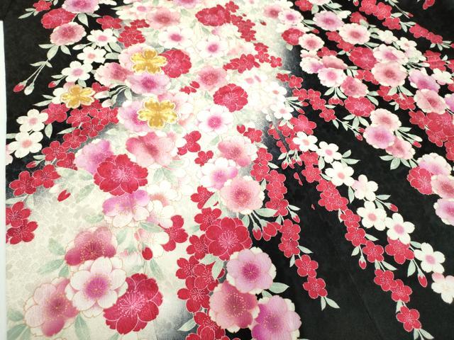 平和屋着物●豪華振袖　駒刺繍　枝垂れ桜　暈し染め　黒地　金彩　正絹　逸品　DABB4734ps