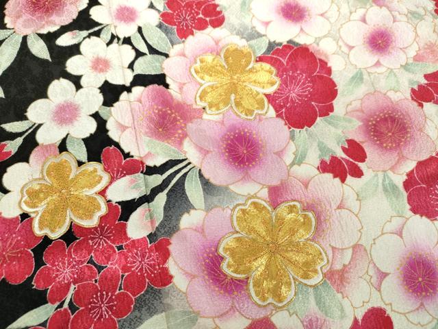 平和屋着物●豪華振袖　駒刺繍　枝垂れ桜　暈し染め　黒地　金彩　正絹　逸品　DABB4734ps