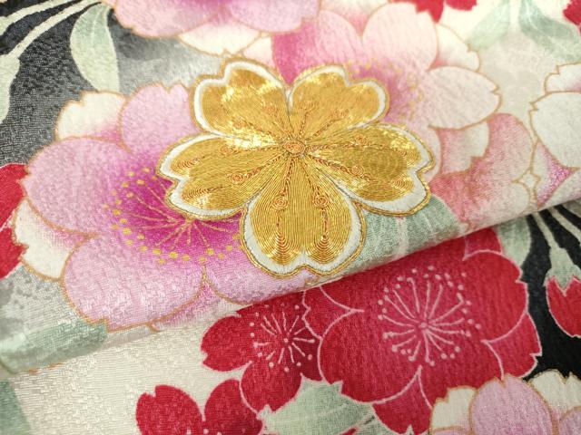 平和屋着物●豪華振袖　駒刺繍　枝垂れ桜　暈し染め　黒地　金彩　正絹　逸品　DABB4734ps