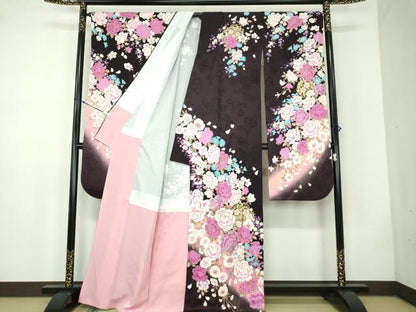 平和屋着物●豪華振袖　刺繍　ラインストーン　舞花文　暈し染め　金銀彩　正絹　逸品　DABB4735ps