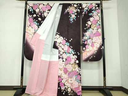 平和屋着物●豪華振袖 刺繍 ラインストーン 舞花文 暈し染め 金銀彩 正絹 逸品 DABB4736ps