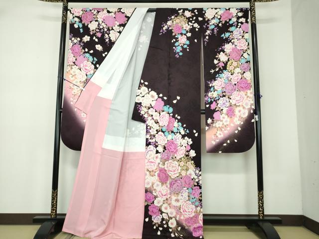 平和屋着物●豪華振袖 刺繍 ラインストーン 舞花文 暈し染め 金銀彩 正絹 逸品 DABB4736ps