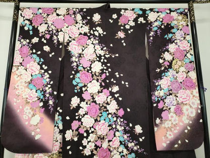 平和屋着物●豪華振袖 刺繍 ラインストーン 舞花文 暈し染め 金銀彩 正絹 逸品 DABB4736ps