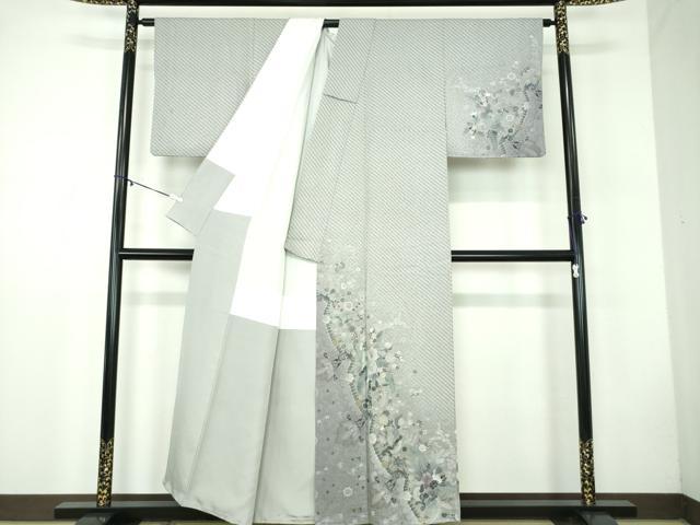 平和屋着物●訪問着　お召地　作家物　夕霧　草花文　正絹　逸品　DABB4739ps