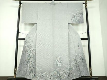 平和屋着物●訪問着　お召地　作家物　夕霧　草花文　正絹　逸品　DABB4739ps