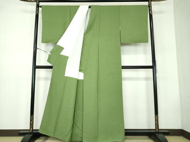 平和屋着物●上質な色無地 宇治 緑茶染 霞地紋 松葉色 正絹 逸品 未使用 DABB4740ps
