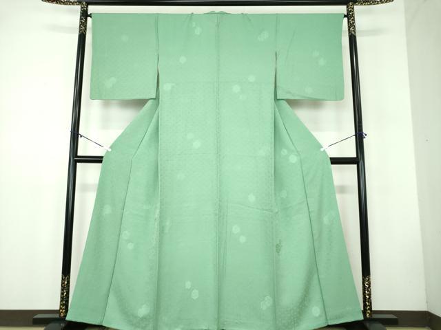 平和屋着物●上質な色無地　亀甲花地紋　薄緑色　高島屋扱い　正絹　逸品　DABB4742ps