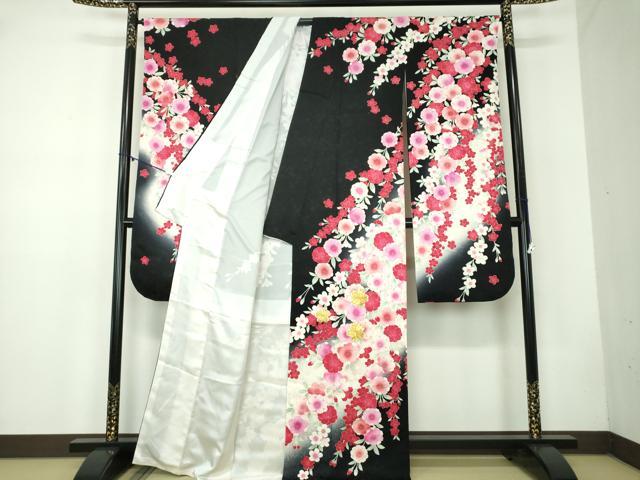 平和屋着物●豪華振袖 駒刺繍 枝垂れ桜 暈し染め 黒地 金彩 正絹 逸品 DABB4749ps