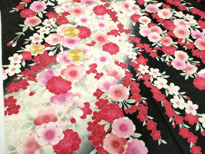 平和屋着物●豪華振袖 駒刺繍 枝垂れ桜 暈し染め 黒地 金彩 正絹 逸品 DABB4749ps