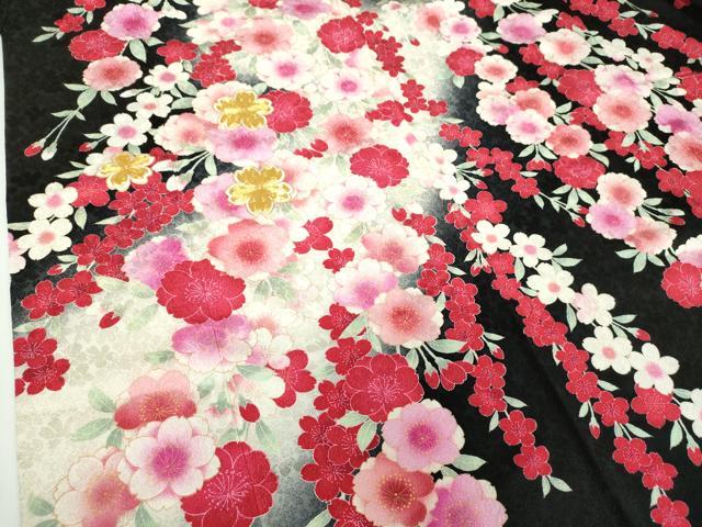 平和屋着物●豪華振袖 駒刺繍 枝垂れ桜 暈し染め 黒地 金彩 正絹 逸品 DABB4749ps