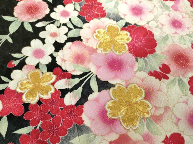 平和屋着物●豪華振袖 駒刺繍 枝垂れ桜 暈し染め 黒地 金彩 正絹 逸品 DABB4749ps