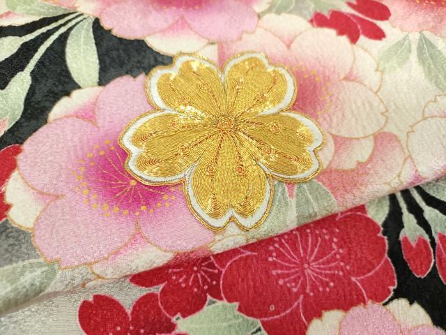 平和屋着物●豪華振袖 駒刺繍 枝垂れ桜 暈し染め 黒地 金彩 正絹 逸品 DABB4749ps