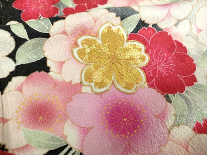 平和屋着物●豪華振袖 駒刺繍 枝垂れ桜 暈し染め 黒地 金彩 正絹 逸品 DABB4749ps