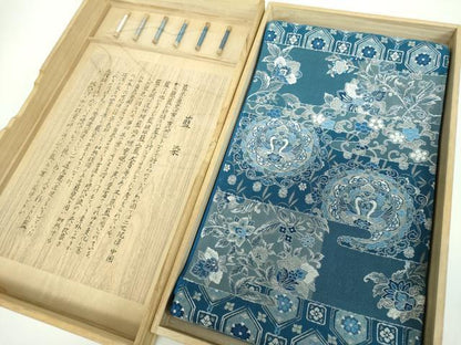 平和屋着物●六通柄袋帯　唐織　藍染　更紗花鳥文　創喜庵　共箱付き　正絹　逸品　DABB4761ps
