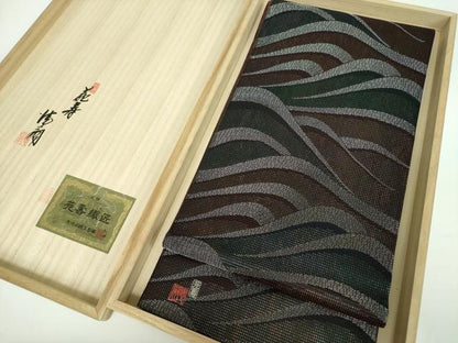 平和屋着物●国際的伝統工芸作家　十二代・藤林徳扇　苑寿　両面　全通柄袋帯　流水文　金銀糸　共箱付き　正絹　逸品　DABB4762ps