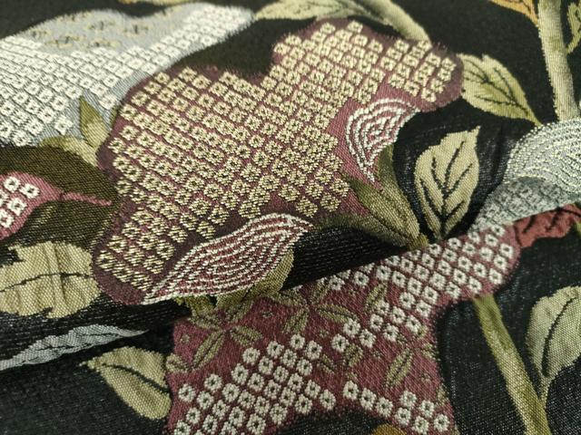 平和屋着物●西陣 じゅらく謹製 両面 六通柄袋帯 ふくれ織 草花文 黒地 金糸 ますいわ屋扱い 正絹 逸品 DABB4768ps