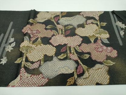 平和屋着物●西陣 じゅらく謹製 両面 六通柄袋帯 ふくれ織 草花文 黒地 金糸 ますいわ屋扱い 正絹 逸品 DABB4768ps