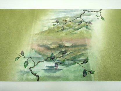 平和屋着物●染織界の匠　村松祥三　太鼓柄袋帯　手描き　休み鳥　南天文　銀通し地　鈴乃屋扱い　正絹　逸品　DABB4769ps
