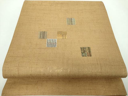 平和屋着物●太鼓柄袋帯　紬地　総刺繍　四角　金通し地　正絹　逸品　DABB4783ps