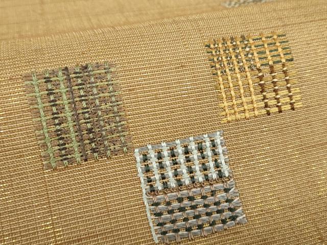 平和屋着物●太鼓柄袋帯　紬地　総刺繍　四角　金通し地　正絹　逸品　DABB4783ps