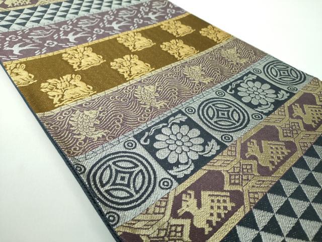 平和屋着物●両面　六通柄袋帯　名物裂花文　花兎　荒磯　金銀糸　正絹　逸品　DABB4787ps