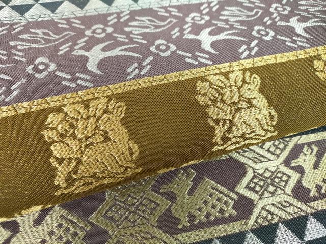 平和屋着物●両面　六通柄袋帯　名物裂花文　花兎　荒磯　金銀糸　正絹　逸品　DABB4787ps
